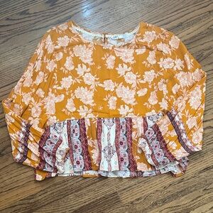 Jolt Floral Peasant Blouse - Mustard and Burgundy